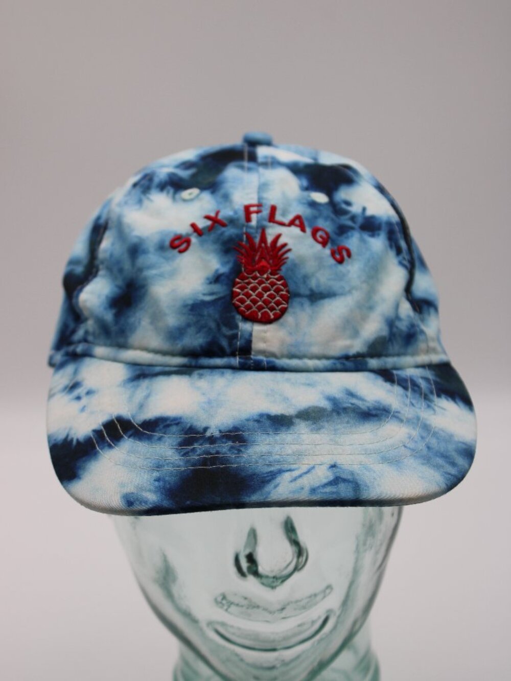 Six Flags Tie-Dye Cap Strapback Hat One Size Adjustable Blue White Pineapple